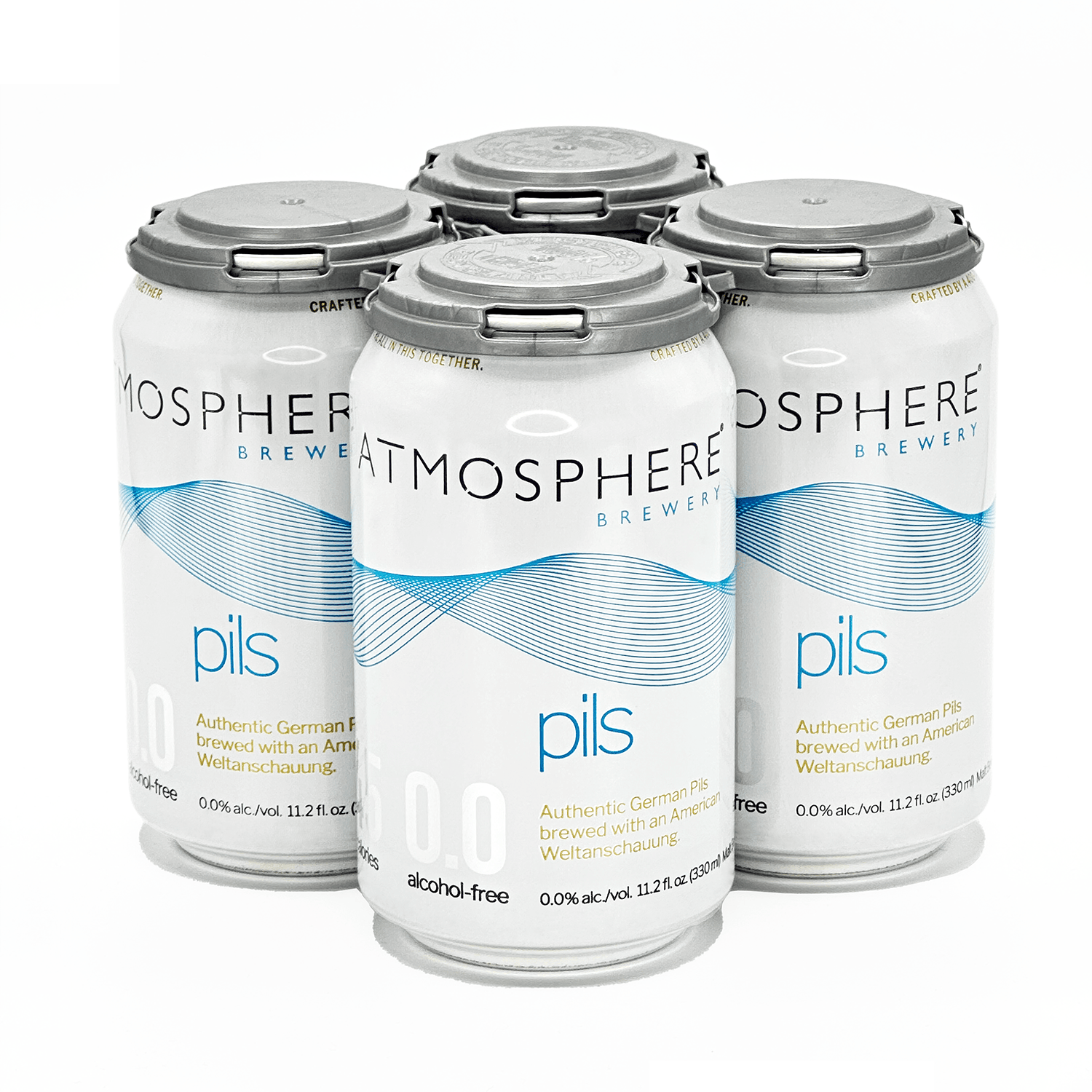 4 pack of Atmosphere Brewery alcohol free non-alcoholic 0.0 ABV Pilsner beer on a white background.
