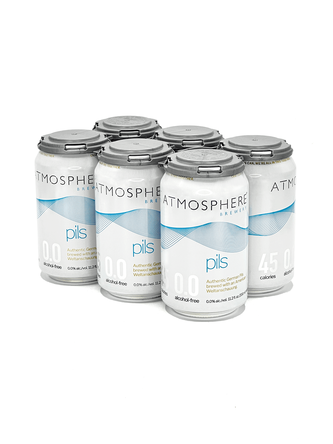 6 pack of Atmosphere Brewery alcohol free non-alcoholic 0.0 ABV Pilsner beer on a white background.