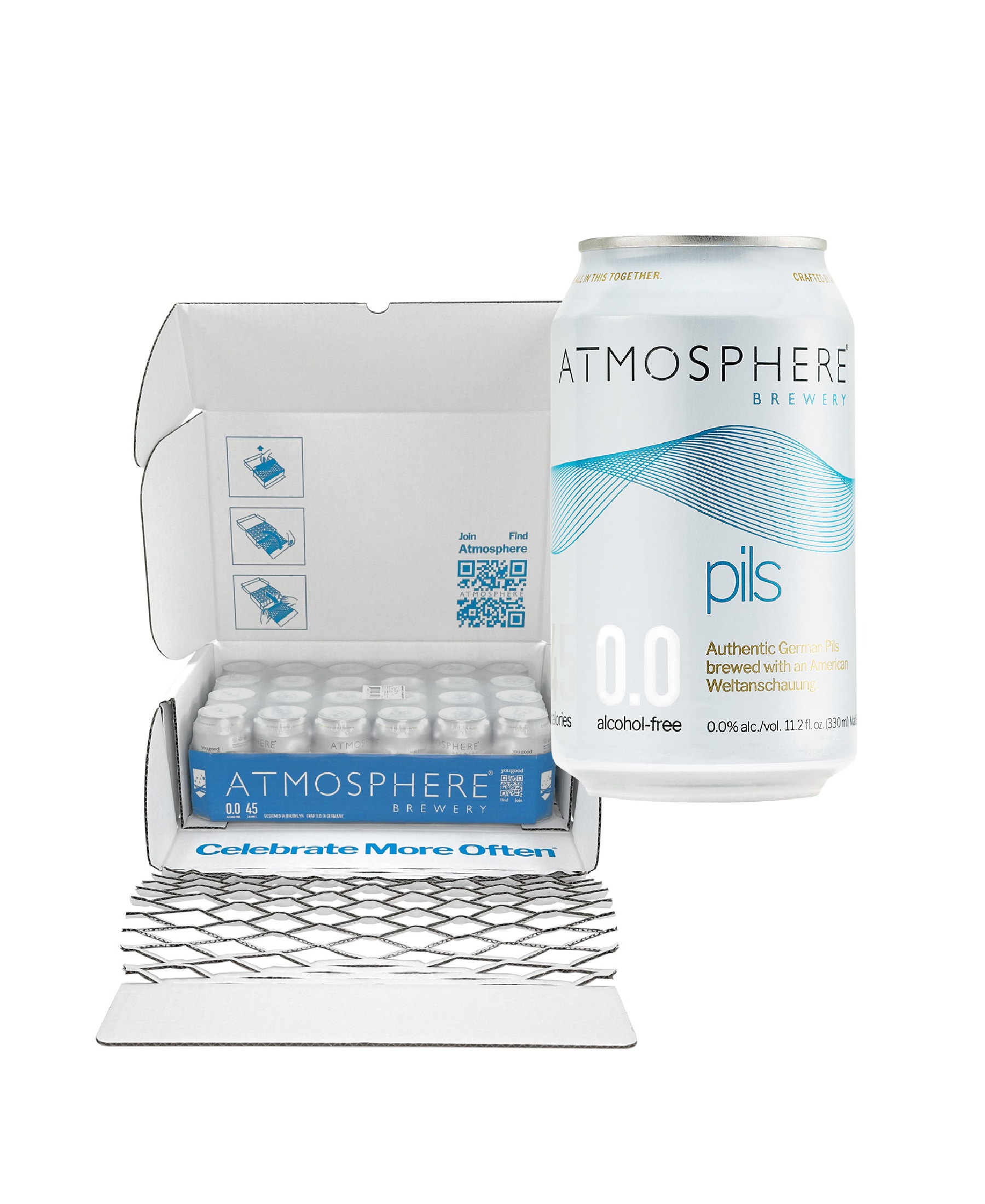 24 pack of Atmosphere Brewery alcohol free non-alcoholic 0.0 ABV Pilsner beer on a white background.