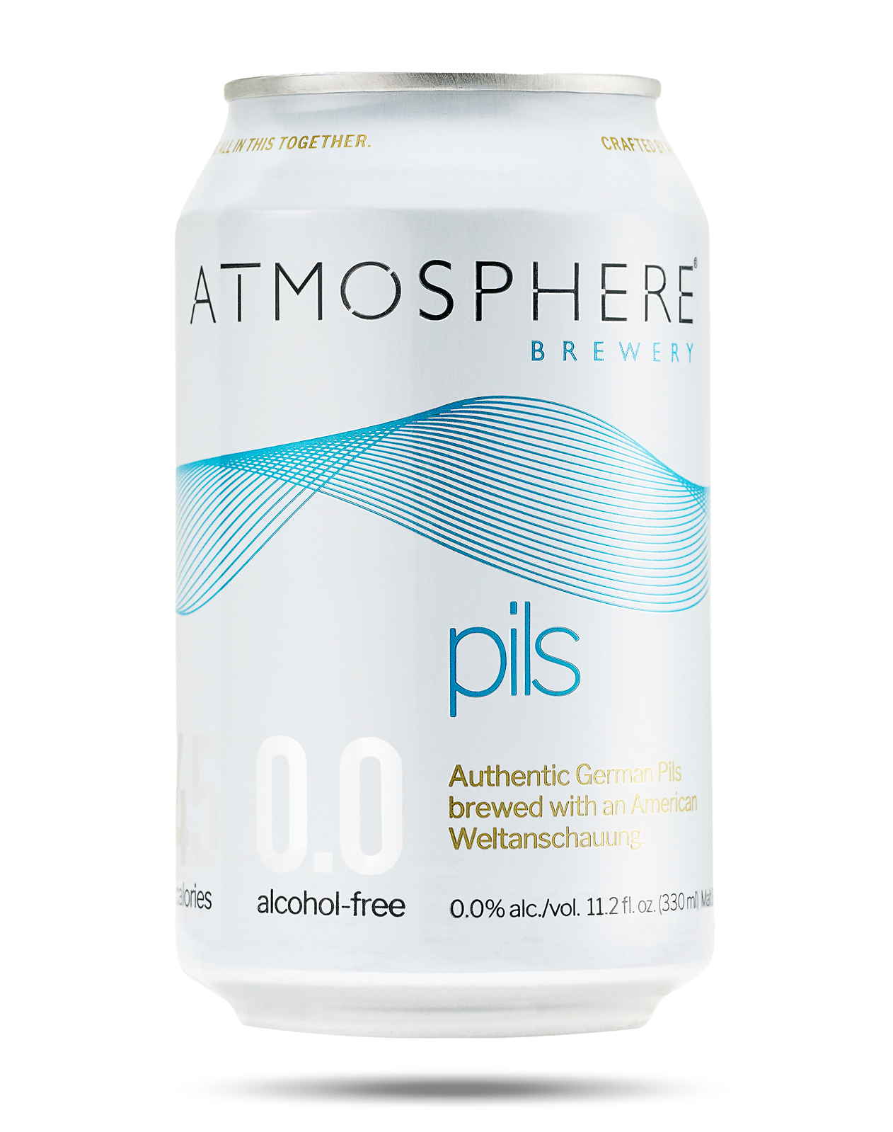 single can of Atmosphere Brewery alcohol free non-alcoholic 0.0 ABV Pilsner beer on a white background.