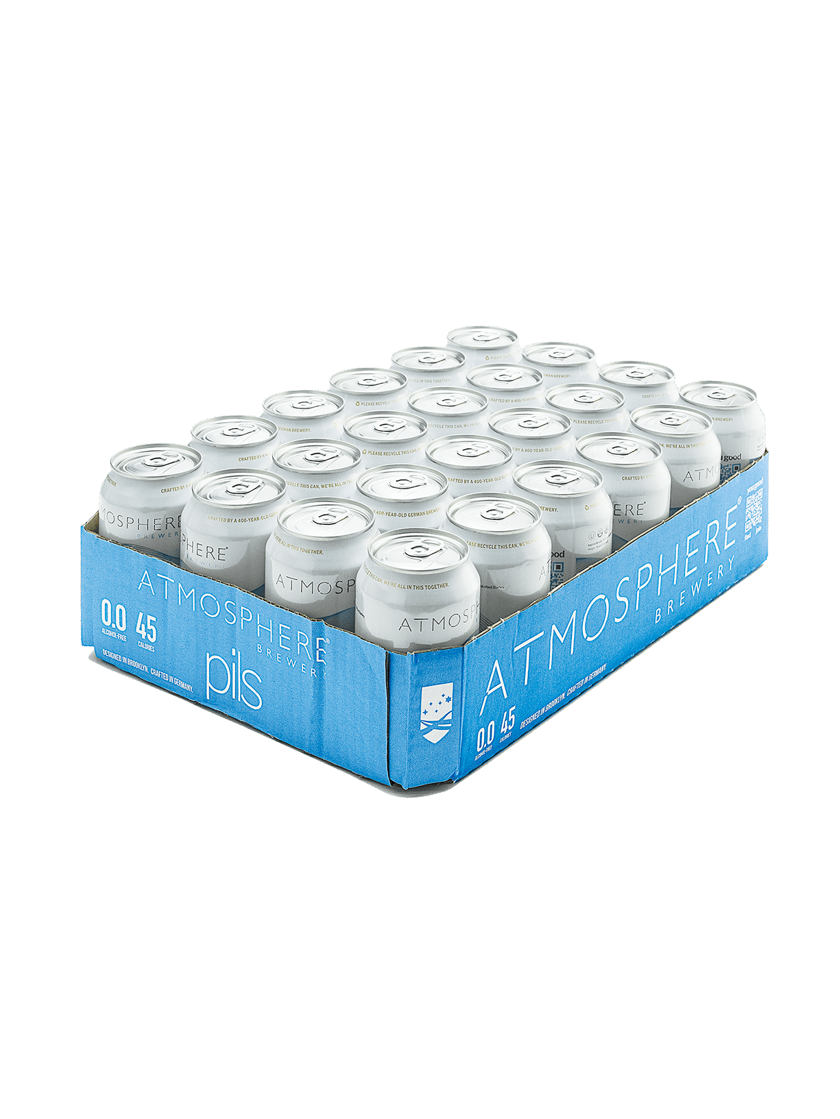 24 pack of cans of Atmosphere Brewery alcohol free non-alcoholic 0.0 ABV Pilsner beer on a white background.
