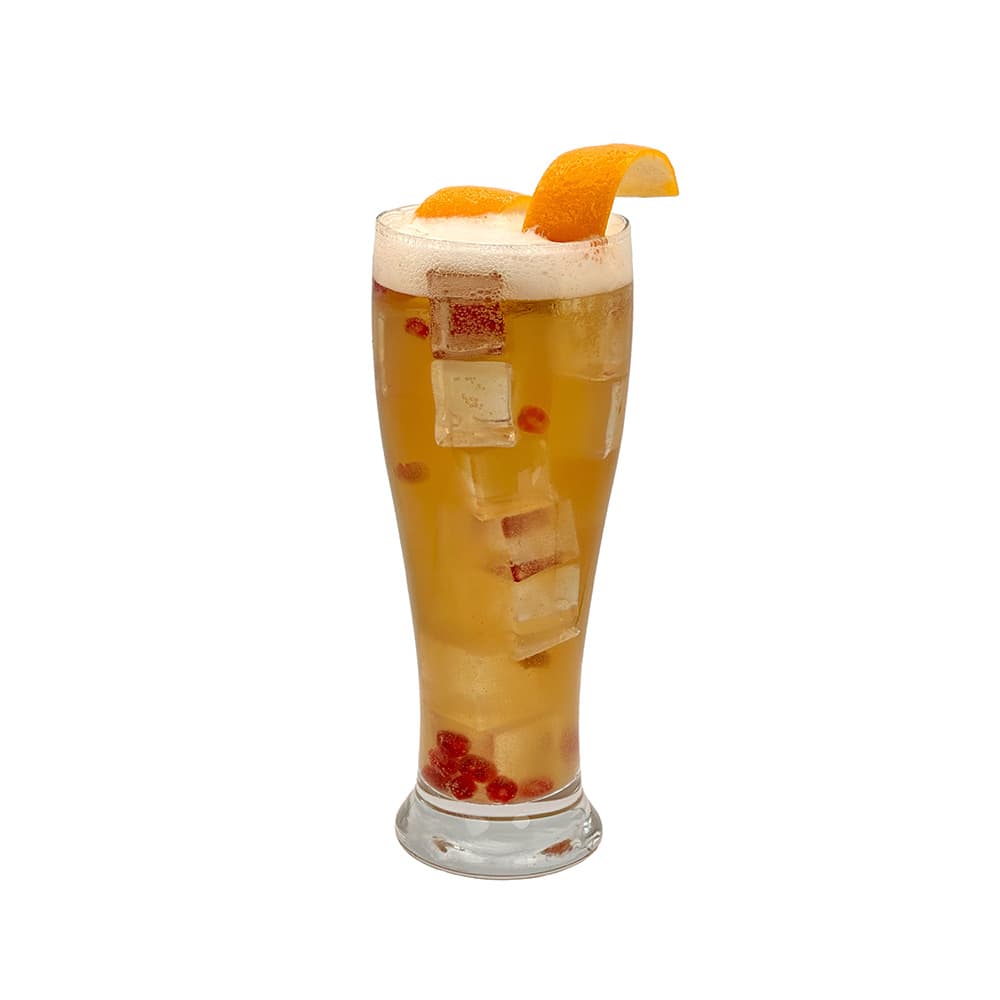 Atmosphere 0.0 Pilsner beer cocktail in a tall glass with ice and orange twist garnish.