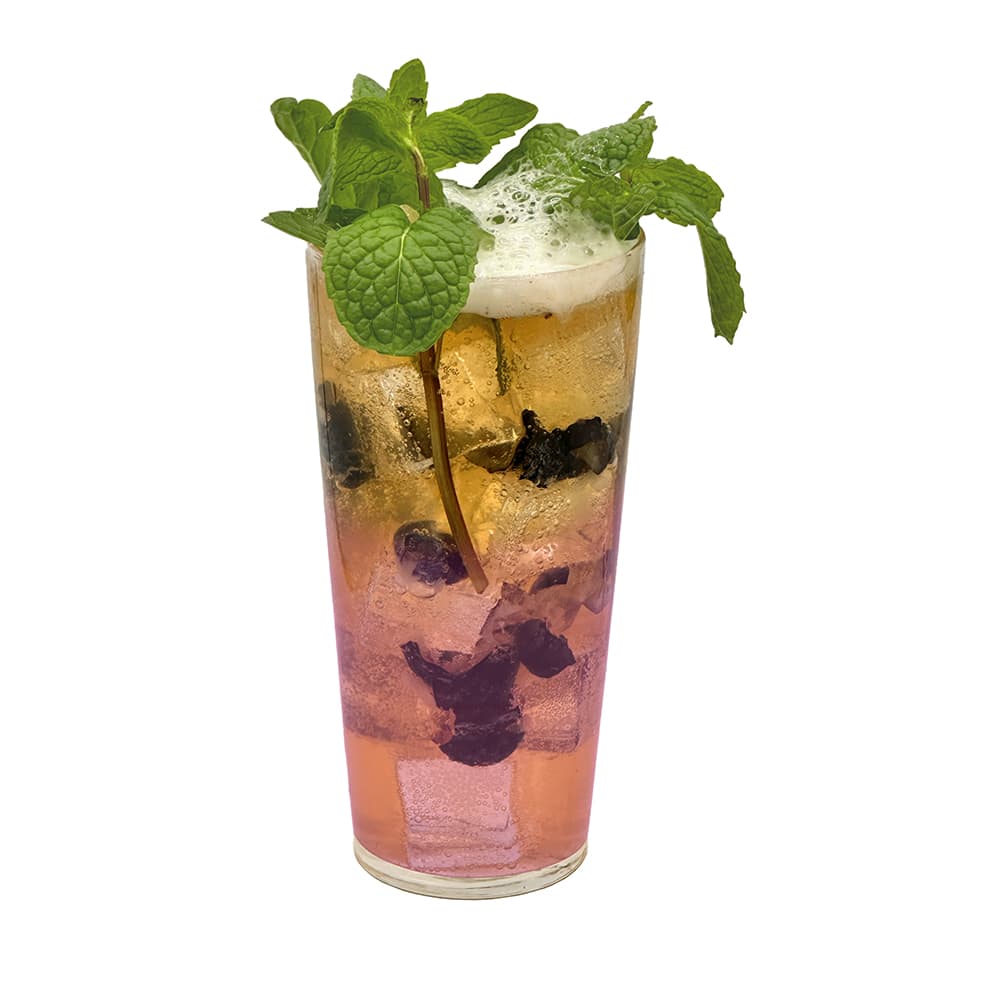 Blueberry Mint Atmosphere Cocktail with ice and mint leaves on a white background.