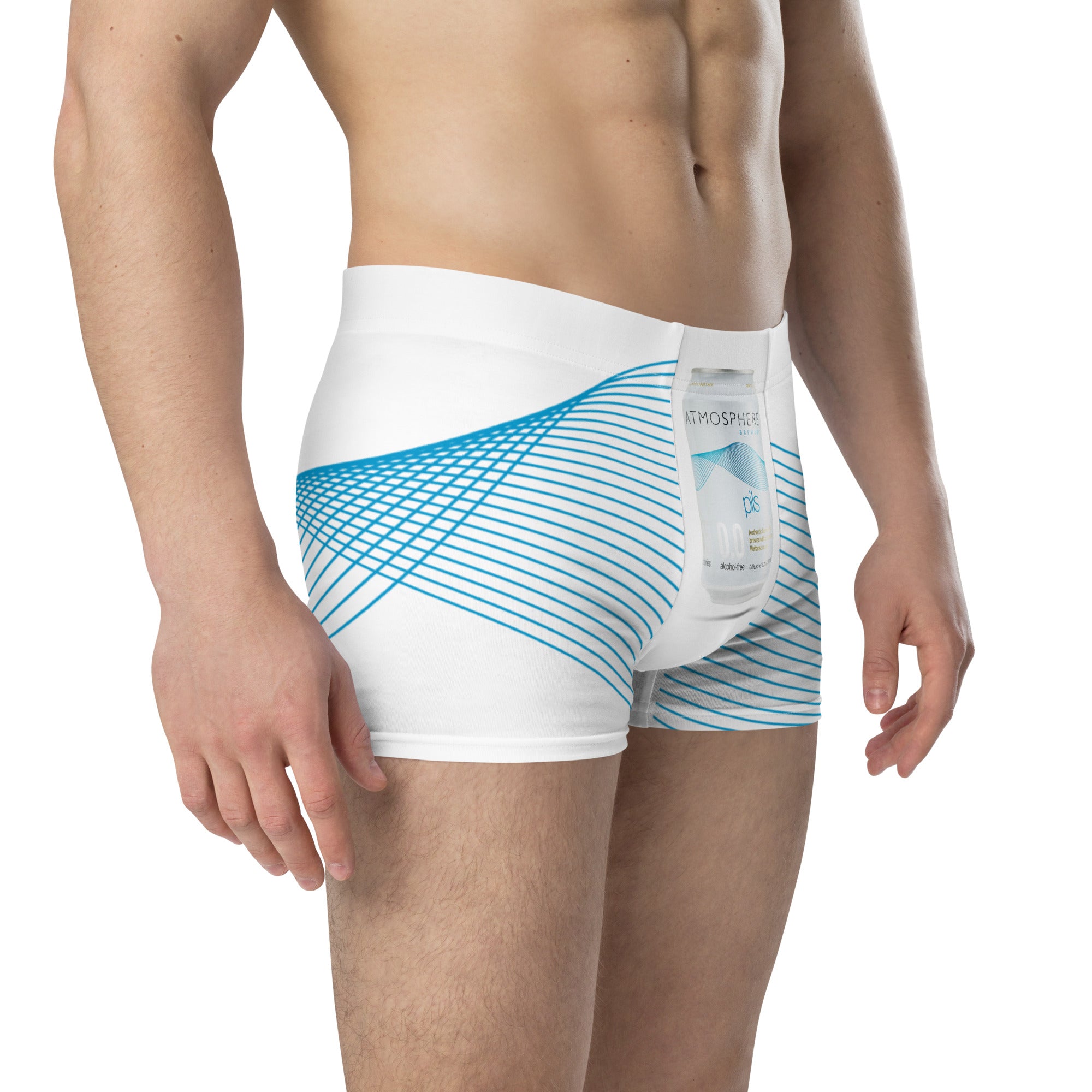 3/4 front view of white mens swim trunks depicting a can of Atmosphere on the crotch with blue stripes around the legs worn by an athletic man.