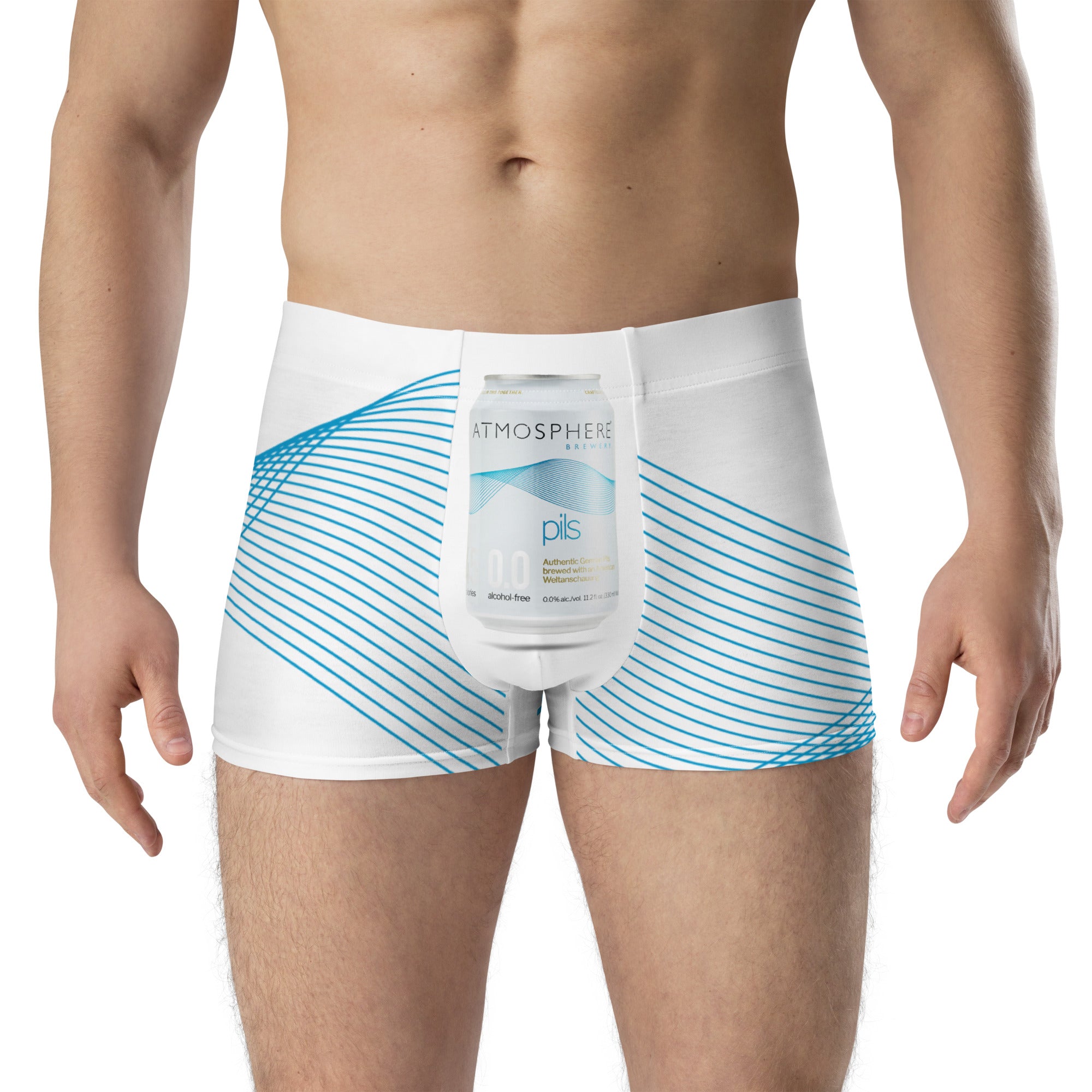 Front of white mens swim trunks depicting a can of Atmosphere on the crotch with blue stripes around the legs worn by an athletic man.