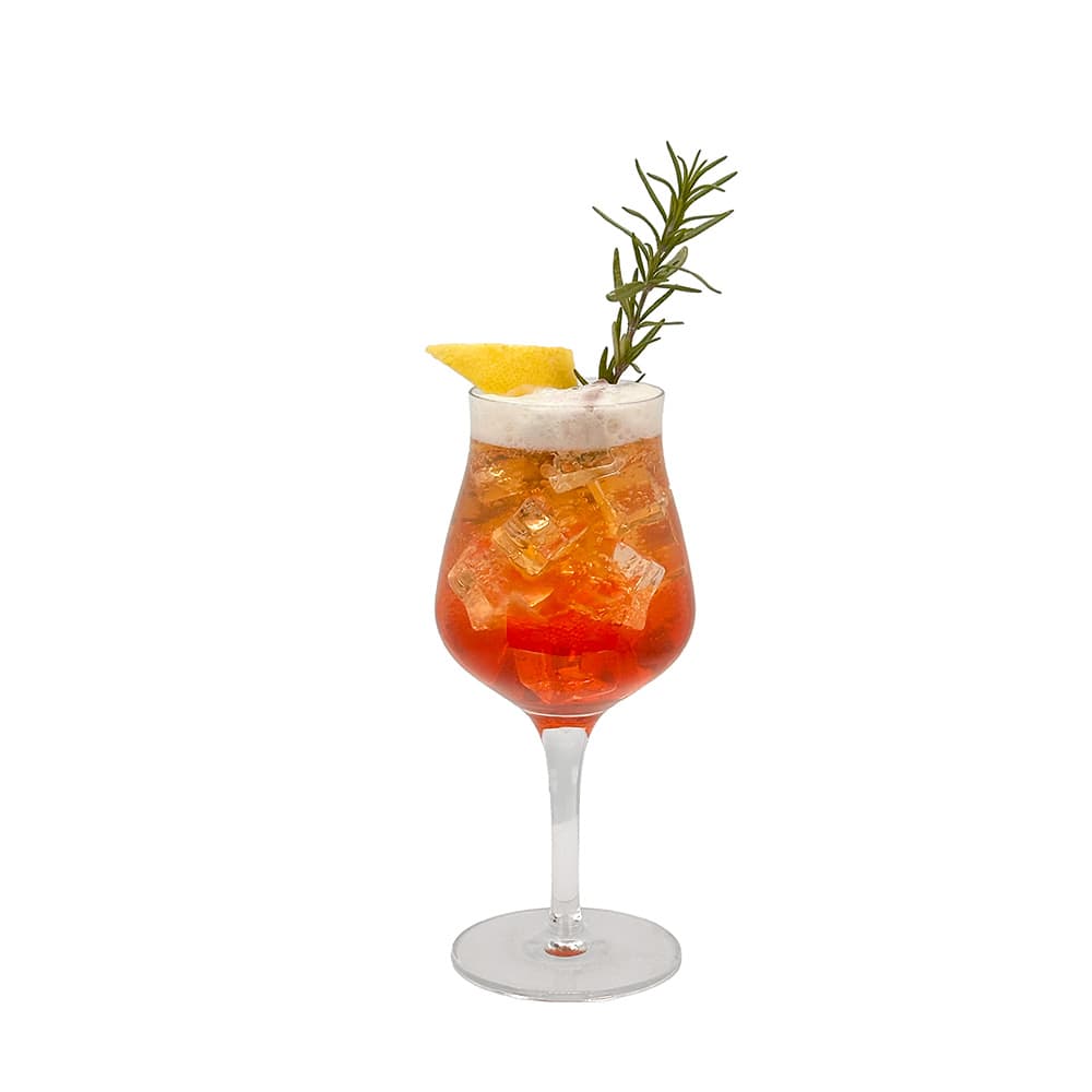 Atmosphere Cocktail with ice cubes, a sprig of rosemary, and a slice of lemon in a glass on a white background.